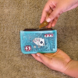 Portable Handmade 100% Genuine Leather Mini Coin Purse Hand Tooling Floral Pattern Cards And Dice Design Engraved <b>Wallet</b> - Product Image 1
