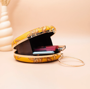 Yellow Elephant Embroidered Round Clutch Premium Fabric <b>Handbag</b> with Raw Silk Interior Dual Side Design and Sling <b>Chain</b> - Product Image 2