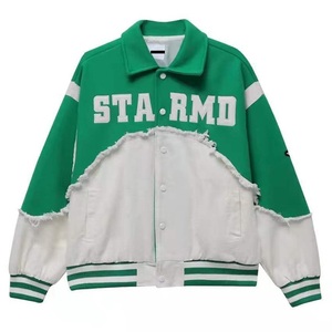 Chaqueta Varsity Sta Rmd Azul con Parches de Mezclilla, Estilo Preppy con Bordes Deshilachados, para Hombre, Cuello Camisero, Ropa de Otoño - Product Image 5
