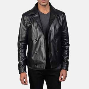 <b>Men's</b> Genuine <b>Leather</b> <b>Jacket</b> Double Breasted Turn-down Collar Slim Fit Moto Biker Style Autumn Wear - Product Image 3