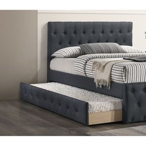 Letto singolo contemporaneo con letto estraibile, doghe in tela color antracite, testiera e pediera imbottite con bottoni, mobili per camera da letto per ragazzi - Product Image 5