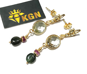 Boucles d'oreilles pendantes en argent sterling plaqué or 14 carats, style bohème, faites à la main, avec améthyste verte naturelle et multi-tourmaline, pour femmes - Product Image 2