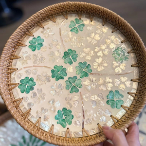 Spring Flower Round Handmade Rattan Mother Pearl Serving Tray Coffee <b>table</b> tray Decorative tray Tea tray Cocktail tray - Product Image 1