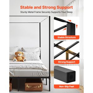 Struttura letto a baldacchino in acciaio resistente a quattro montanti con robuste doghe metalliche e spazio contenitore sotto il letto - Product Image 3
