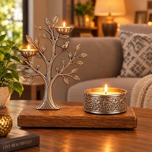 Objeto Decorativo de Pájaro en Árbol Plateado con Cuenco Grabado y Base de Madera, Decoración Tradicional para Mesa del Hogar, Adorno Metálico - Product Image 2