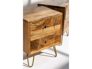 Modern <b>Solid</b> Mango <b>Wood</b> Bedside Nightstand with 2 Drawers and Hairpin Metal Legs for Bedroom Use - Product Image 6