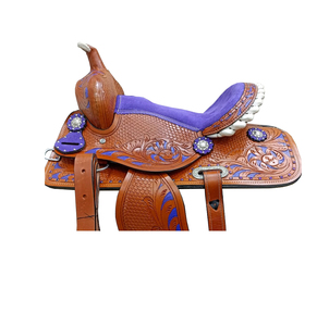 Floral & Basket Hand Tooled Brown Leather Western Barrel Horse Saddle Purple Suede Seat 10" To 18" Inch LLT - Product Image 2
