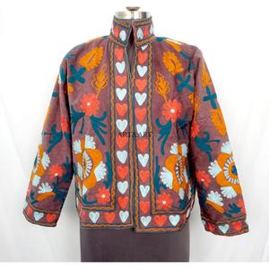 Handmade Floral Embroidery Quilted Cotrise Fabric <b>Jacket</b> Button Detail Cotton Stripe Lining Breathable Eco-Friendly Thick Winter - Product Image 1