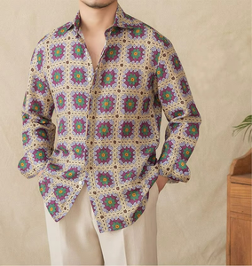 Camisa Casual de Primavera para Hombre, 30% Lino, Estampada, Cuello Windsor, Transpirable, de Alta Calidad, Manga Larga - Product Image 1