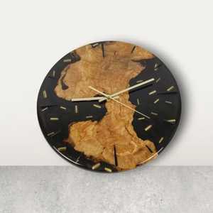 Reloj de Pared Creativo de Resina Epoxi Negra con Incrustaciones Doradas, Reloj Redondo Silencioso de Madera Natural para Decoración de Pared en Cuartos Masculinos - Product Image 2