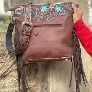 2025 vente en gros sac à main en cuir repoussé véritable peau de vache frange sac à bandoulière sculpture bohème Turquoise fleur sacs à bandoulière pour les femmes - Product Image 5