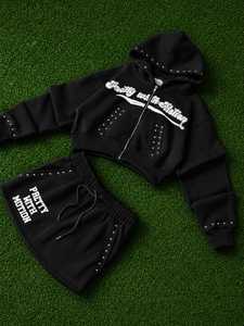 Women's <b>Cropped</b> <b>Zip</b> <b>Up</b> Hoodie with Rhinestone Studs Custom Fleece Hooded Sweatshirt Casual Streetwear OEM ODM - Product Image 1