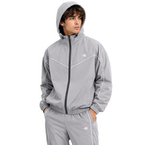 Y2K Retro Custom Men's Two Piece Contrast Piping <b>Jacket</b> Wide Leg Nylon Track Pants Trendy Lightweight <b>Grey</b> Full Zip Oversized - Product Image 4