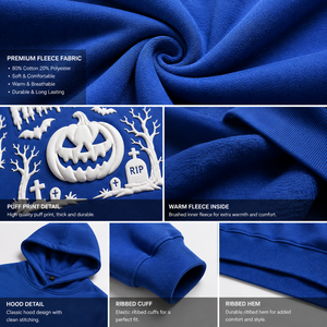 Sudadera con Capucha Personalizada con Gráficos 3D de Halloween para Hombre, Sudadera Azul Rey con Estampado de Calabazas, Murciélagos y Cementerio, de Algodón y Felpa, Estilo Casual - Product Image 5