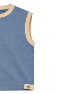 Ensemble décontracté homme été : Haut sans manches et short contrastant bleu beige, taille à cordon, en mélange de coton respirant, doux et confortable - Product Image 2