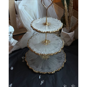 Three Tier <b>Glass</b> <b>Cake</b> <b>Stand</b> With Gold Trim And Crystal Accents Multi Layer Dessert Display Tray Reusable For Parties From India - Product Image 1