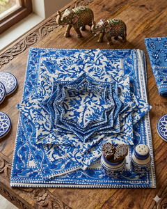 Traditional Indian Hand Block Print Table Mats White Cotton Placemats <b>Blue</b> Carry Design Vegetable Color Export Quality Set - Product Image 3