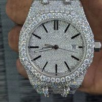 Reloj de Lujo Estilo Hip Hop con Moissanita, Acero Inoxidable Plateado, Totalmente Adornado con Diamantes VVS de Corte Brillante Redondo para Hombre