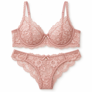 Conjunto de lencería de encaje floral bordado para mujer, con aros, copa 3/4, transpirable, de malla transparente, romántico, para novias. - Product Image 4