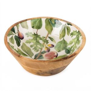 Tazón para servir ensalada hecho a mano con madera de mango y estampado de higuera en esmalte |   Frutero Redondo Grande Decorativo de Madera para Cocina y Comedor - Product Image 1