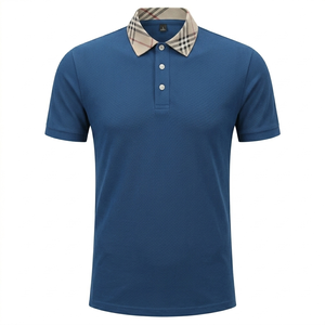 Men's Blue <b>Plaid</b> Cotton Knitted Turtleneck Collar Shirt Contrast Trim Short Sleeve Button Casual Breathable Anti-Pilling Quick - Product Image 1