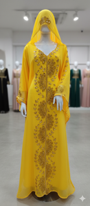 Kaftan marocain en georgette jaune exquis - Takshita brodé à la main avec des fils dorés et un voile à capuche pour les mariages et les événements formels - Product Image 2