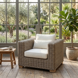 Fauteuils Saint Martinez en bois d'acajou et rotin Kuboo gris tressé, fauteuil en tissu gris épais, mobilier de patio haut de gamme pour resort - Product Image 2