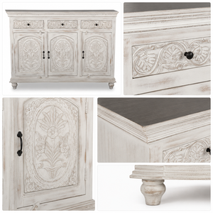 Classic White Eco-friendly Premium Quality Mango Wood Hand Carved Floral Buffet <b>Cabinet</b> <b>Sideboard</b> for Dining <b>Kitchen</b> Hallway - Product Image 3