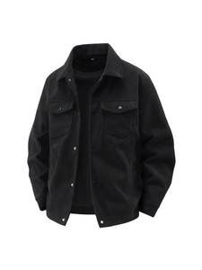 Blouson Bomber en velours côtelé noir pour homme, simple boutonnage, col rabattu, coupe ample, avec poches, pour l'automne et l'hiver - Product Image 2