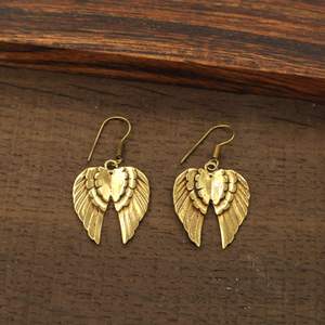 Antique Gold Plated Brass <b>Wings</b> Drop <b>Earrings</b> Vintage Christian Unisex Jewelry - Product Image 3