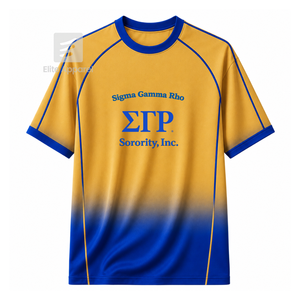 Maillot de football personnalisé de la sororité Sigma Gamma Rho, manches courtes, logo sur le devant, dégradé bleu et or, jersey en polyester - Product Image 1