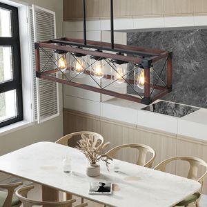 Lampadario a sospensione rettangolare industriale in legno rosso da 32 pollici con 5 luci e paralume - Product Image 3