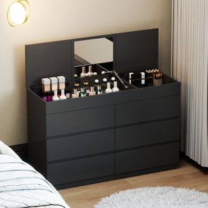 Comò a 6 cassetti con specchio 120x40x85,5 cm, mobile in truciolato goffrato nero con impiallacciatura in melamina - Product Image 2