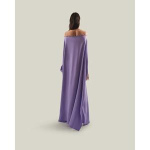 Robe longue élégante violette asymétrique en satin à épaules dénudées, coupe trapèze, manches longues, couleur unie, confortable, toutes saisons - Product Image 2