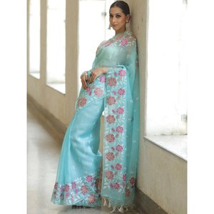 BORDADO DE ORGANZA A LA MODA TRABAJO SAREE CON BLUSA SIN COSTAR SKY - Product Image 1