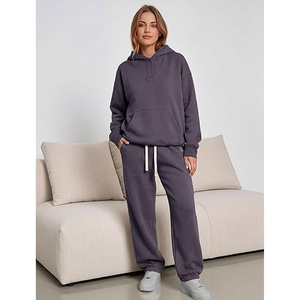 Ensemble 2 pièces décontracté pour femme : sweat à capuche uni et pantalon large en polaire respirante pour l'automne - Product Image 2