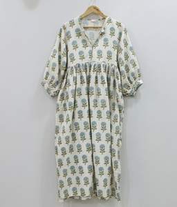 Robe d'été formelle simple 100 % coton faite à la main, écologique, motif floral imprimé au bloc indien, respirante, taille naturelle, longueur midi - Product Image 6