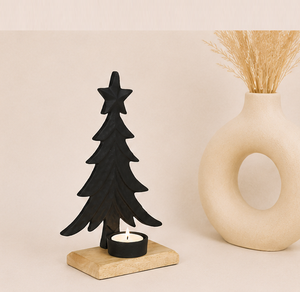 Modern Matte Black Metal Christmas Tree <b>Tea</b> <b>Light</b> <b>Holder</b> With Rustic Wooden Base Elegant Xmas Table Centerpiece & Festive Home - Product Image 2