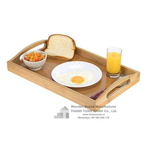 Plateau de service rectangulaire en bois avec poignées métalliques, finition rustique marron, pour café et petit-déjeuner, fabriqué au Vietnam - Product Image 3