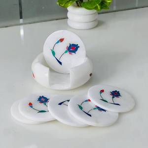Handmade White Marble <b>Coaster</b> Set With Floral Inlay Design For Home Decoration Wholesale Best Price Available - Product Image 1