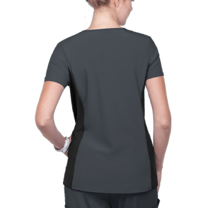 Blusa Médica de Manga Corta con Cuello Redondo para Mujer, Color Lavanda con Paneles Laterales Azul Marino, Diseños Personalizables - Product Image 3