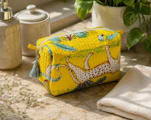 Bolsa de cosméticos con estampado animal amarillo, tamaño mediano, cierre de cremallera, estilo bohemio, bolsa de viaje textil portátil - Product Image 2