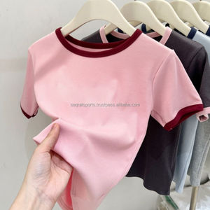 Camiseta Corta de Verano con Cuello en V, Estilo Informal, Ajustada, Manga Regular, Ribete en Contraste, Estampado, 100% Algodón, Gran Venta - Product Image 3
