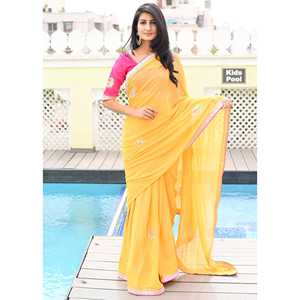 ผ้าส่าหรีสีเหลืองสวยงาม งานแฮนด์เมด ไซส์ XS ทรงตรง เอวธรรมชาติ ทำจากผ้าออร์แกนซ่า - Product Image 2