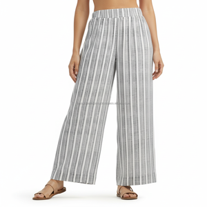 Women's Palazzo <b>Pants</b> Wide Leg Mid Waist Striped Drawstring Custom OEM Wholesale - Product Image 1