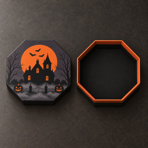 Boîte cadeau octogonale d'Halloween avec motif maison hantée, en carton rigide imprimé UV, artisanale, découpée à la main - Product Image 4