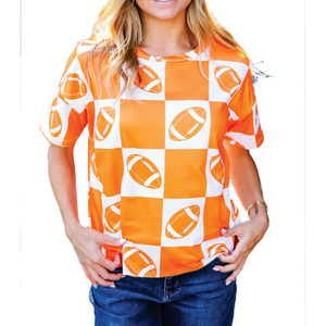 Trendy Unisex Orange White Color Checkered Football Print Short Sleeve T Shirt Game Day Casual Top Streetwear women's shirt USA - Product Image 5