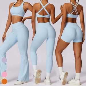 Conjunto Deportivo Sin Costuras para Mujer, Sujetador Deportivo, Pantalones Cortos/Pantalones Acampanados de Cintura Alta, Ajuste Elástico, Ropa Deportiva para Yoga, Reciclable - Product Image 4