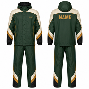 Rain Unisex Hooded <b>Waterproof</b> <b>Tracksuit</b> Green/Beige/Gold Color Blocking Full Zipper Autumn Sporty Wear Adult Size Model - Product Image 1