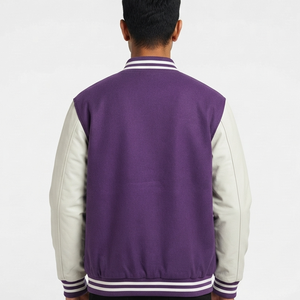Veste universitaire pour homme à prix de gros, manches en similicuir, blocs de couleur, style baseball, corps violet, manches blanches - Product Image 3